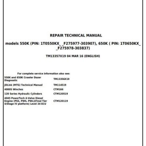 John Deere 550K 650K Crawler Dozer Repair Technical Manual TM13357X19