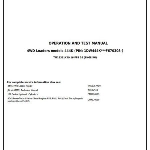 John Deere 444K 4WD Loader Diagnostic Operation Test Manual TM13361X19