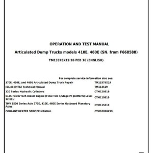 John Deere 370E 410E 460E Articulated Dump Truck Diagnostic Operation Test Manual TM13378X19