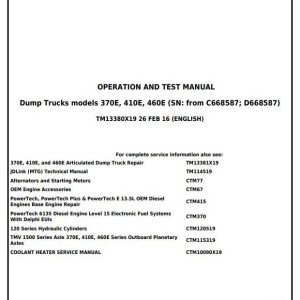 John Deere 370E 410E 460E Articulated Dump Truck Operation Test Manual TM13380X19