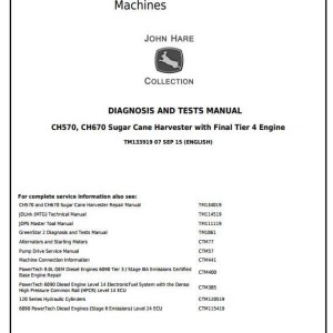 John Deere CH570 CH670 Sugar Cane Harvester Diagnosis Test Manual TM133919