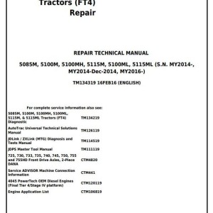 John Deere 5085M 5100M 5100MH 5100ML 5115M 5115ML (FT4) Tractor Repair Technical Manual TM134319