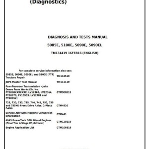 John Deere 5085E 5090E 5090EL 5100E (FT4) Tractor Diagnosis Test Manual TM134419