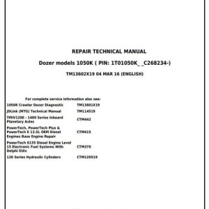 John Deere 1050K Crawler Dozer Repair Technical Manual TM13602X19
