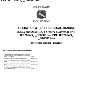 John Deere 2654G 2654GLC Forestry Excavator Operation Test Technical Manual TM14035X19