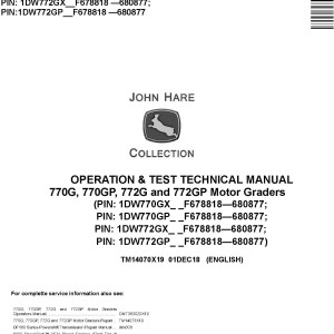 John Deere 770G 770GP 772G 772GP Motor Grader Operation Test Technical Manual TM14070X19
