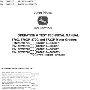 John Deere 870G 870GP 872G 872GP Motor Grader Operation Test Technical Manual TM14077X19