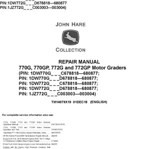 John Deere 770G 770GP 772G 772GP Motor Grader Repair Manual TM14079X19