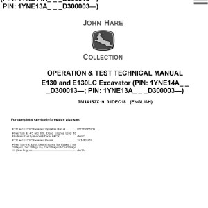 John Deere E130 E130LC Excavator Operation Test Technical Manual TM14152X19