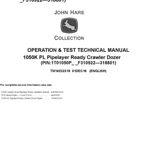 John Deere 1050K PL Pipelayer Ready Crawler Dozer Operation Test Technical Manual TM14232X19