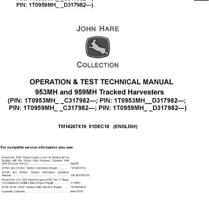 John Deere 953MH 959MH Tracked Harvester Operation Test Technical Manual TM14267X19