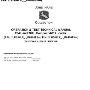 John Deere 204L 304L Compact 4WD Loader Operation Test Technical Manual TM14271X19