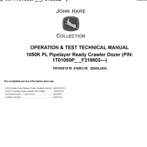 John Deere 1050K PL Pipelayer Ready Crawler Dozer Operation Test Manual TM14351X19