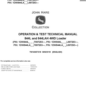 John Deere 844L 844LAH 4WD Loader Operation Test Technical Manual TM14367X19