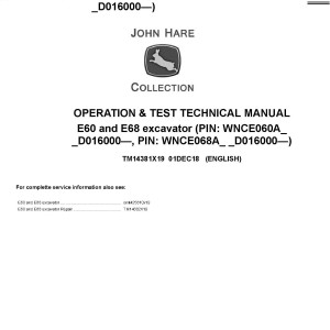 John Deere E60 E68 Excavator Operation Test Technical Manual TM14381X19
