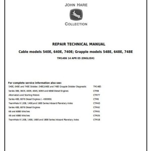 John Deere Cable Grapple Skidder 540E 640E 740E 548E 648E 748E Repair Technical Manual TM1486