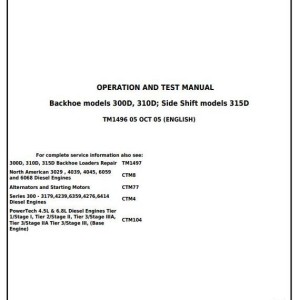 John Deere Backhoe Side Shift Loader 300D 310D 315D Operation Test Manual TM1496
