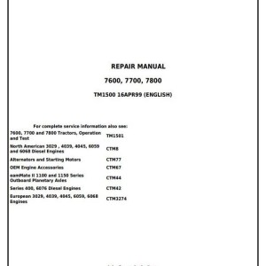 John Deere Tractor 7600 7700 7800 2WD MFWD Repair Technical Manual TM1500