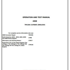 John Deere Excavator 490E Operation Test Manual TM1504
