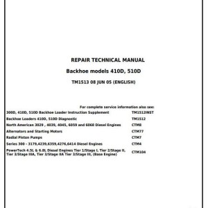 John Deere Backhoe Loaders 410D 510D Repair Technical Manual TM1513