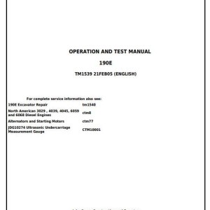 John Deere Excavator 190E Operation Test Manual TM1539