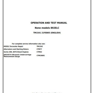 John Deere Excavator 892ELC Operation Test Manual TM1541