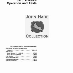 John Deere Articulated Tractor 8570 8770 8870 8970 4WD Operation Test Manual TM1550