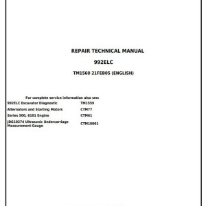 John Deere Excavator 992E-LC Repair Technical Manual TM1560