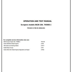John Deere 862B Scraper Operation Test Manual TM1569