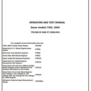 John Deere 750C 850C Crawler Dozer Diagnostic Operation Test Manual TM1588