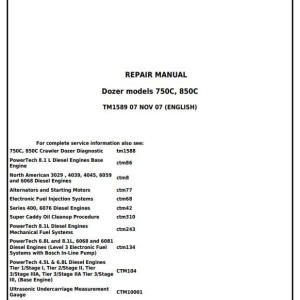 John Deere 750C 850C Crawler Dozer Repair Technical Manual TM1589