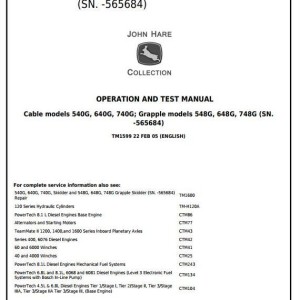 John Deere 540G 640G 740G 548G 648G 748G Skidder Operation Test Manual TM1599