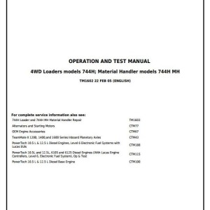 John Deere 744H 4WD 744H MH Loader Material Handler Diagnostic Operation Test Manual TM1602