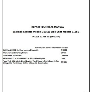 John Deere 310SE 315SE Backhoe Loader Side Shift Repair Technical Manual TM1609