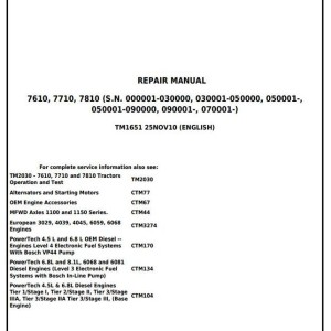 John Deere 7610 7710 7810 2WD MFWD Tractor Repair Manual TM1651