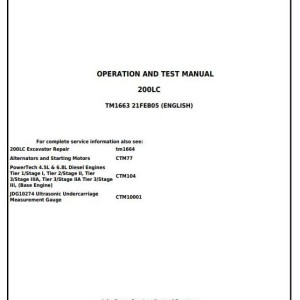 John Deere 200LC Excavator Operation Test Manual TM1663