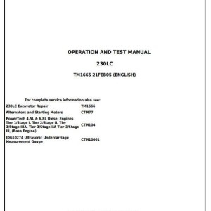 John Deere 230LC Excavator Diagnostic Operation Test Manual TM1665