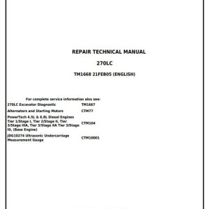 John Deere 270LC Excavator Repair Technical Manual TM1668