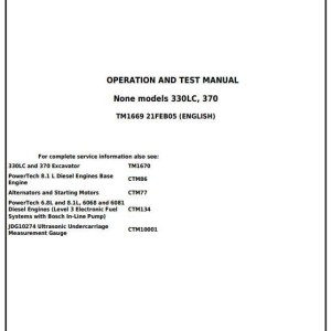 John Deere 330LC 370 Excavator Diagnostic Operation Test Manual TM1669