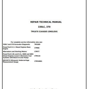 John Deere 330LC 370 Excavator Repair Technical Manual TM1670