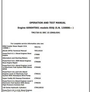 John Deere 850J Crawler Dozer w Engine 6090HT001 Diagnostic Operation Test Manual TM1730 