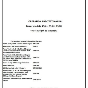 John Deere 450H 550H 650H Crawler Dozer Operation Test Manual TM1743