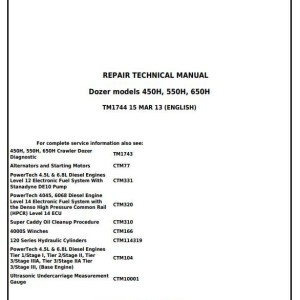 John Deere 450H 550H 650H Crawler Dozer Repair Technical Manual TM1744