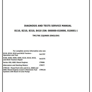 John Deere 8110 8210 8310 8410 Tractor Diagnosis Test Service Manual TM1796