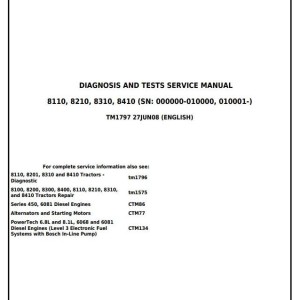 John Deere 8110 8210 8310 8410 Tractor Diagnosis Test Service Manual TM1797