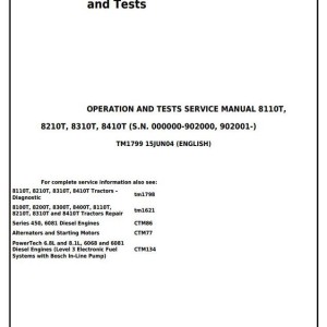 John Deere 8110T 8210T 8310T 8410T Tractor Operation Test Service Manual TM1799