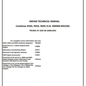 John Deere 9450 9550 9650 Combine Repair Technical Manual TM1801