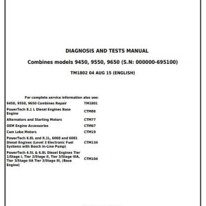 John Deere 9450 9550 9650 Combine Diagnosis Test Manual TM1802