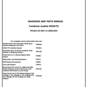 John Deere 9650 CTS Combine Diagnosis Test Manual TM1822