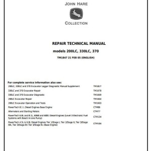 John Deere 200LC 330LC 370 Excavator Logger Service Repair Technical Manual Supplement TM1847